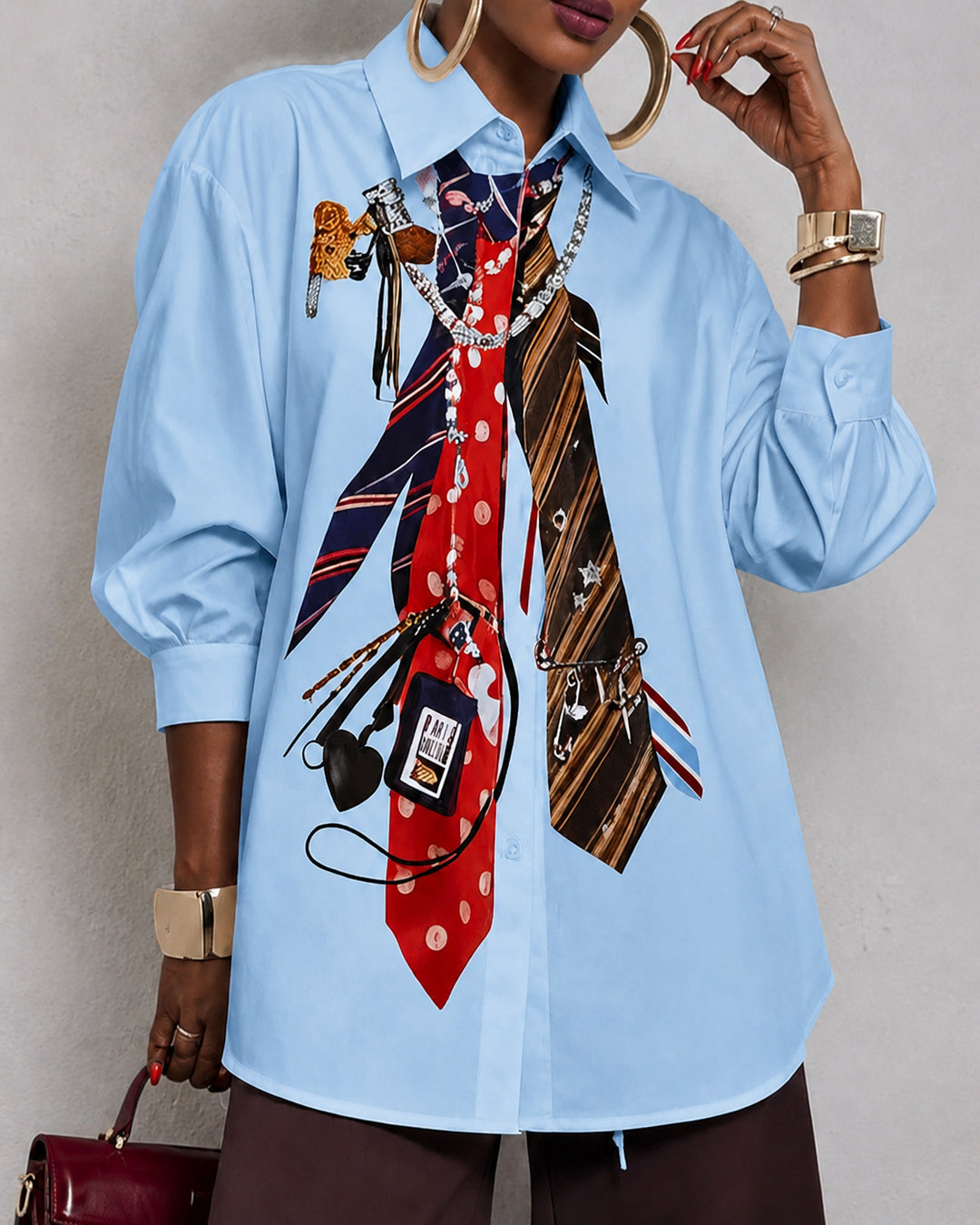 Loose Three-Quarter Sleeves Buttoned Contrast Color Printed Split-Joint Lapel Blouses&Shirts Tops