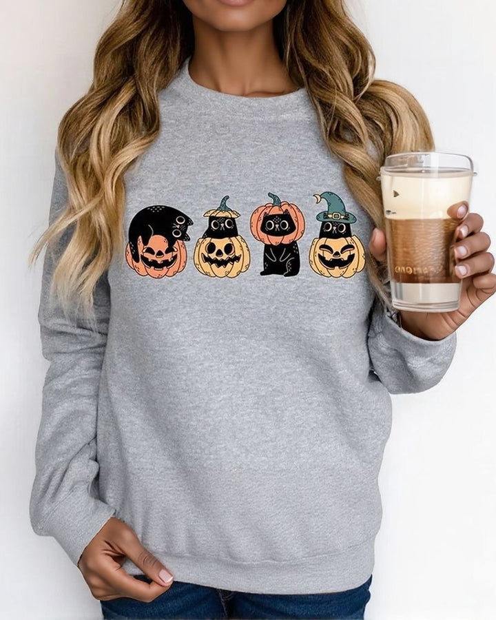 Halloween Cat & Pumpkin Cotton Long Sleeve Sweatshirt