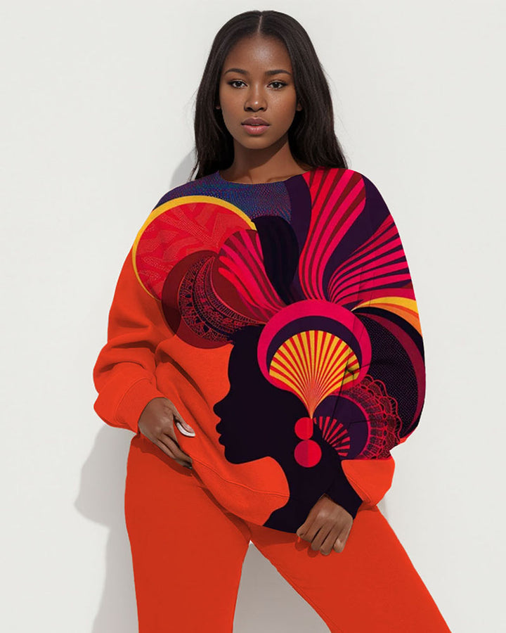 Chic Art Print Long Sleeve Crewneck Sweatshirt And Sweatpants Set