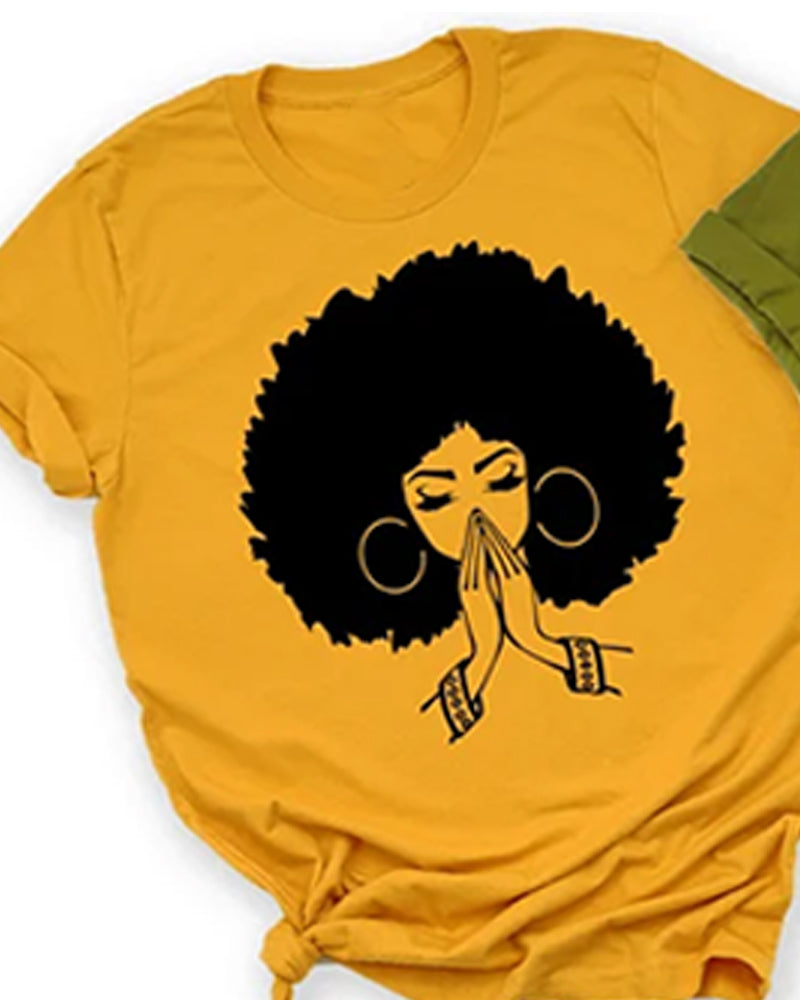 Simple black girl cartoon print ladies short-sleeved T-shirt
