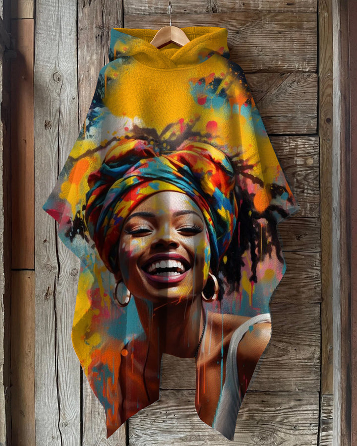 Hapiness African Woman Oil Painting Hooded Warm Shawl Cape