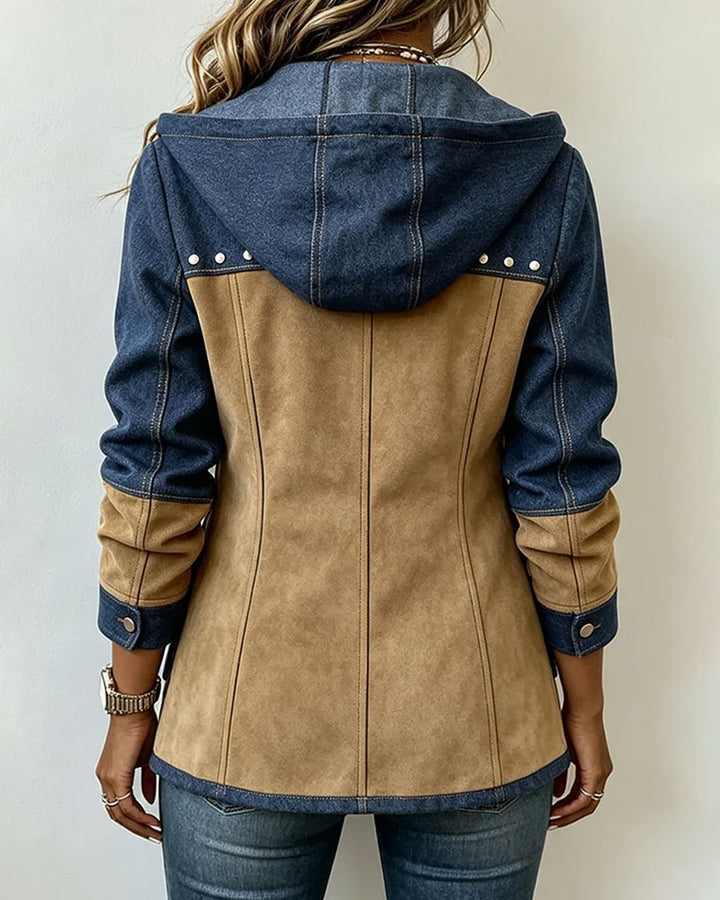 Chic Denim Patchwork Suede Hooded Jacket