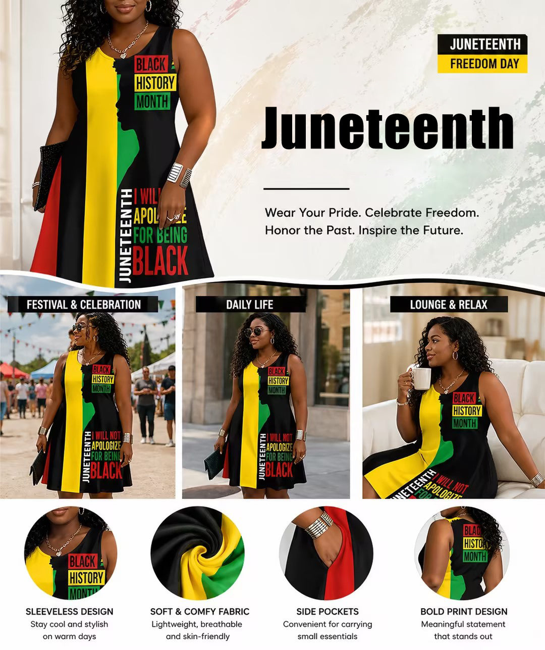 Juneteenth Black Women Round Neck Sleeveless Mini Casual Dress