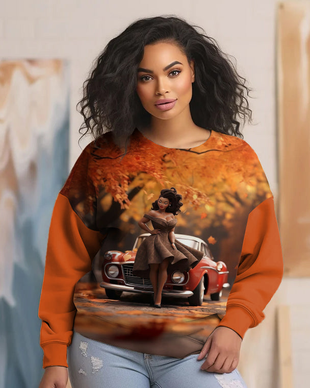 Car Brown Women Crewneck Long Sleeve Sweatshirt