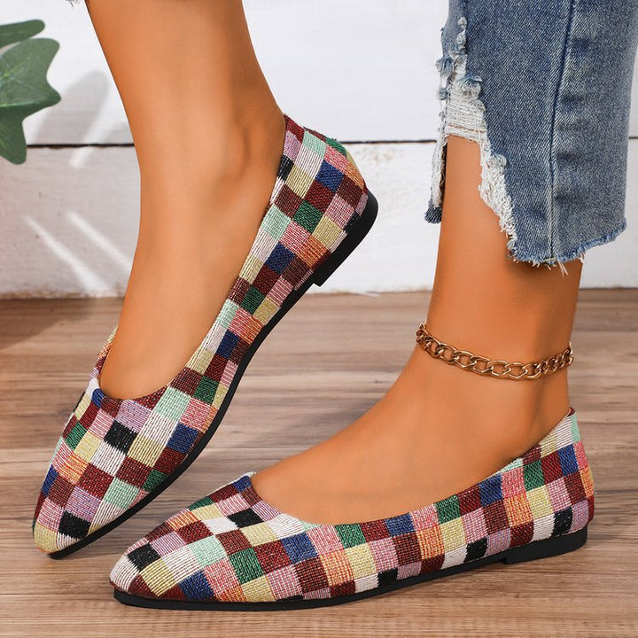 Pointed Toe Flat-soled Shallow-cut Plaid Shoes