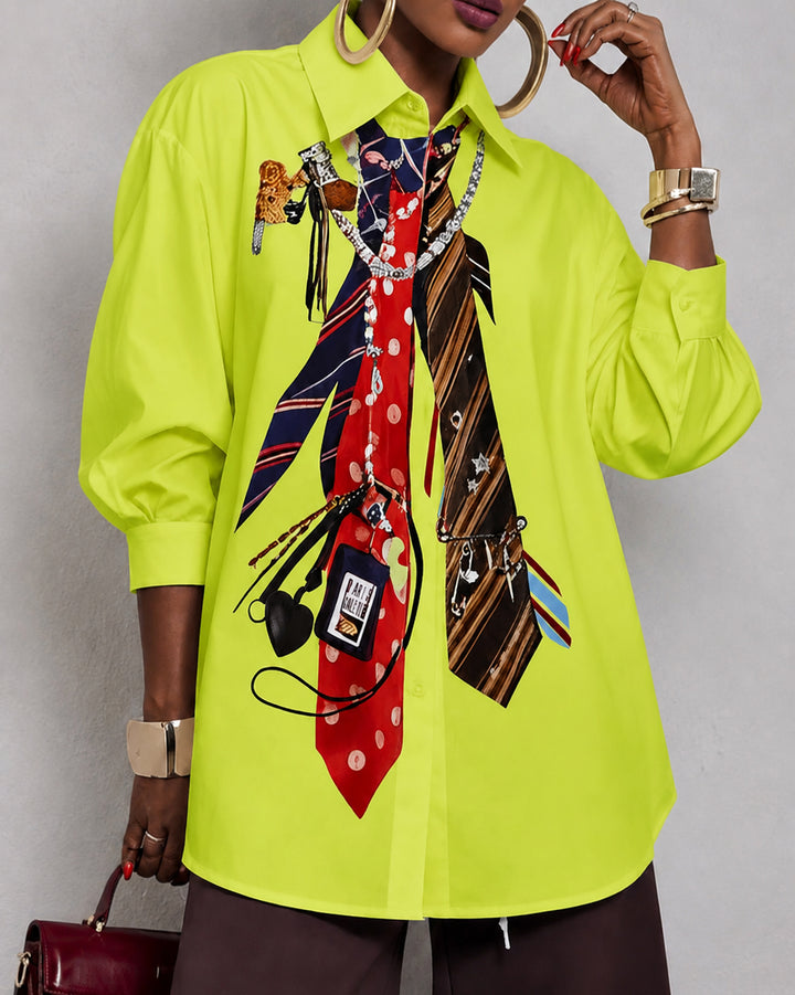 Loose Three-Quarter Sleeves Buttoned Contrast Color Printed Split-Joint Lapel Blouses&Shirts Tops