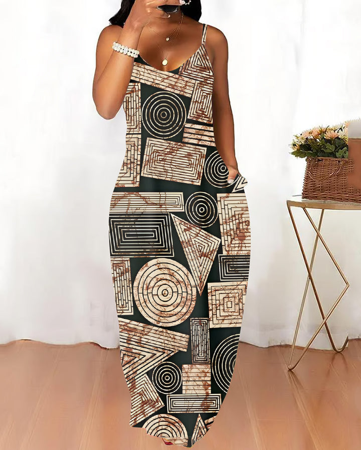 Sling African Geometric Print Pocket Maxi Dress