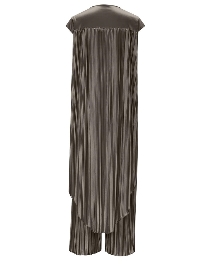 Solid Color Pleated Round Neck Top & Straight-leg Pants Two-piece Set