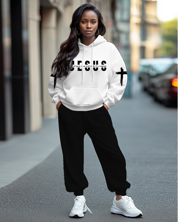 Jesus Print Printed Long Sleeve Hoodie Two Pieces Set