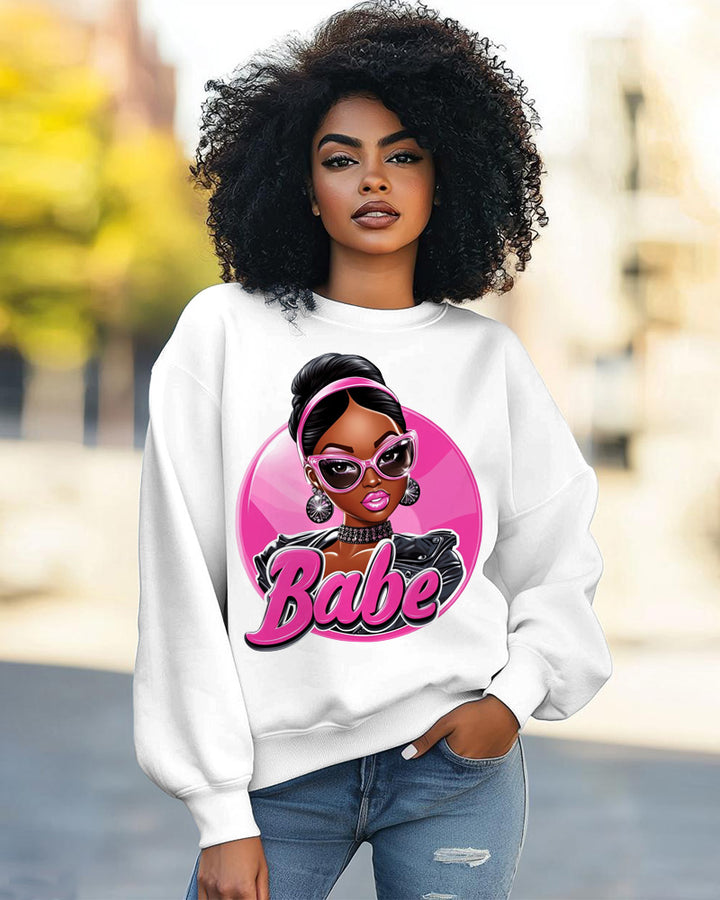 Fashion Doll Print Round Neck Long Sleeve Casual Sweatshirt