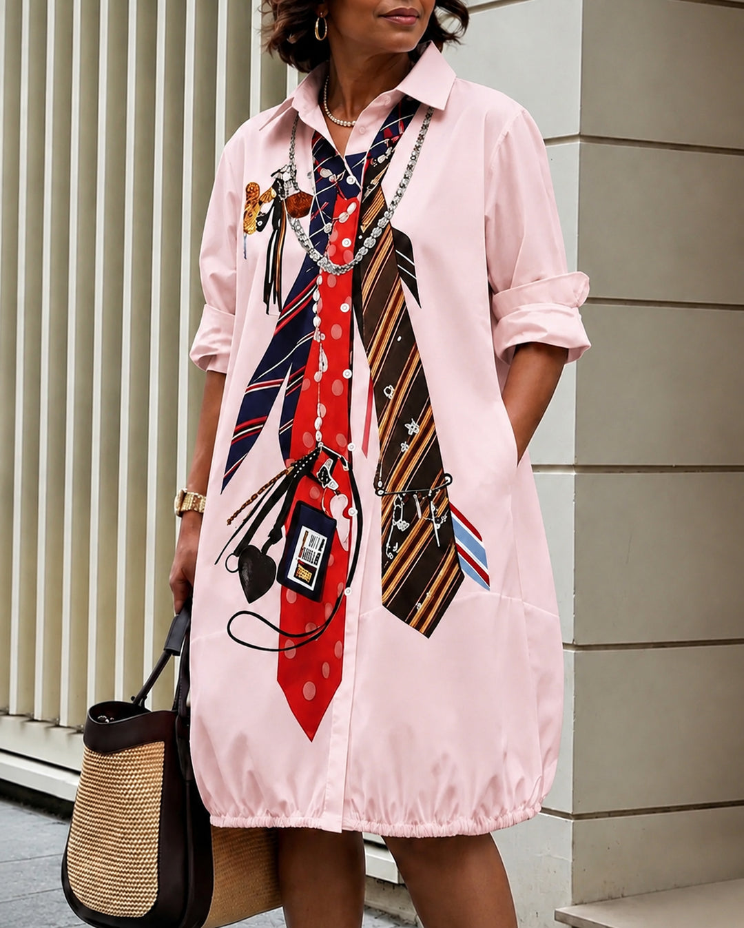 Long Sleeves Loose Buttoned Pockets Printed Lapel Midi Dresses