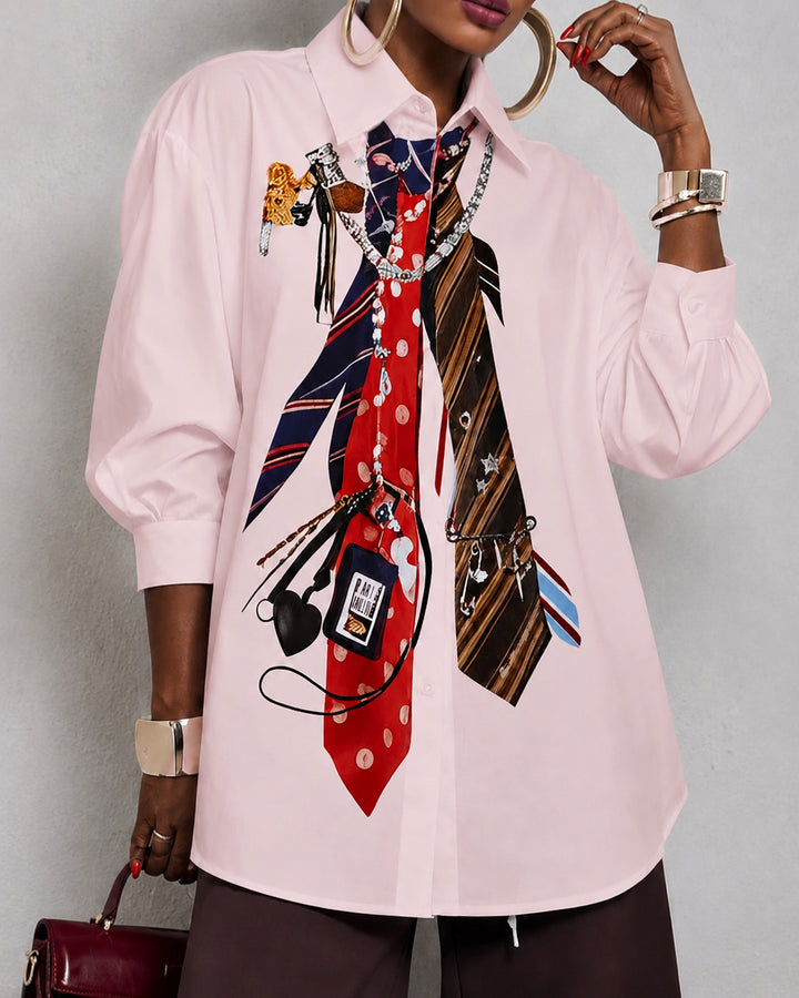 Loose Three-Quarter Sleeves Buttoned Contrast Color Printed Split-Joint Lapel Blouses&Shirts Tops