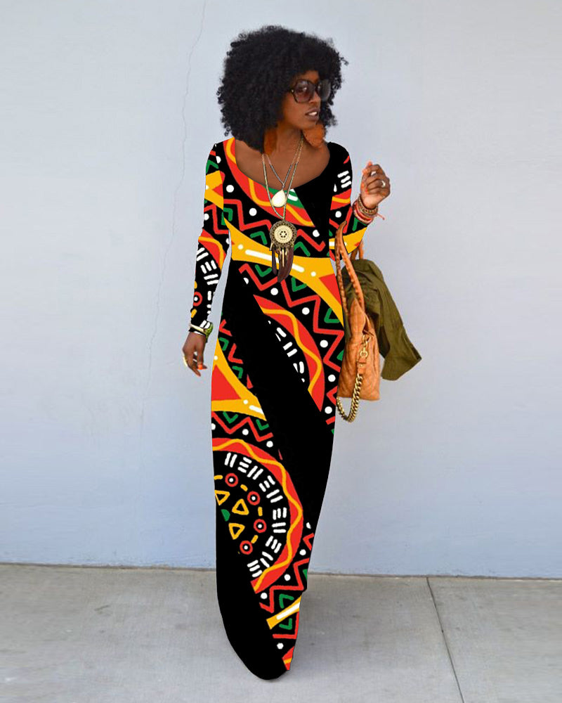 Juneteenth Retro Prints Crew Neck Long Sleeve Dress