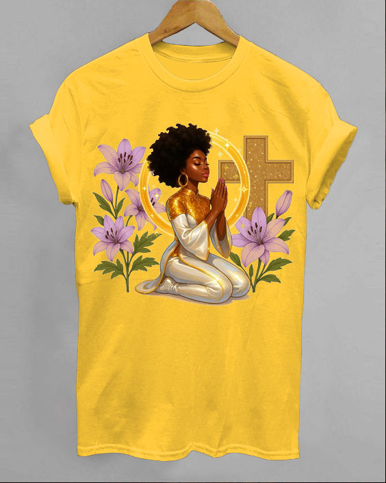 Faith Praying Woman Crew Neck Short Sleeve Cotton T-Shirt