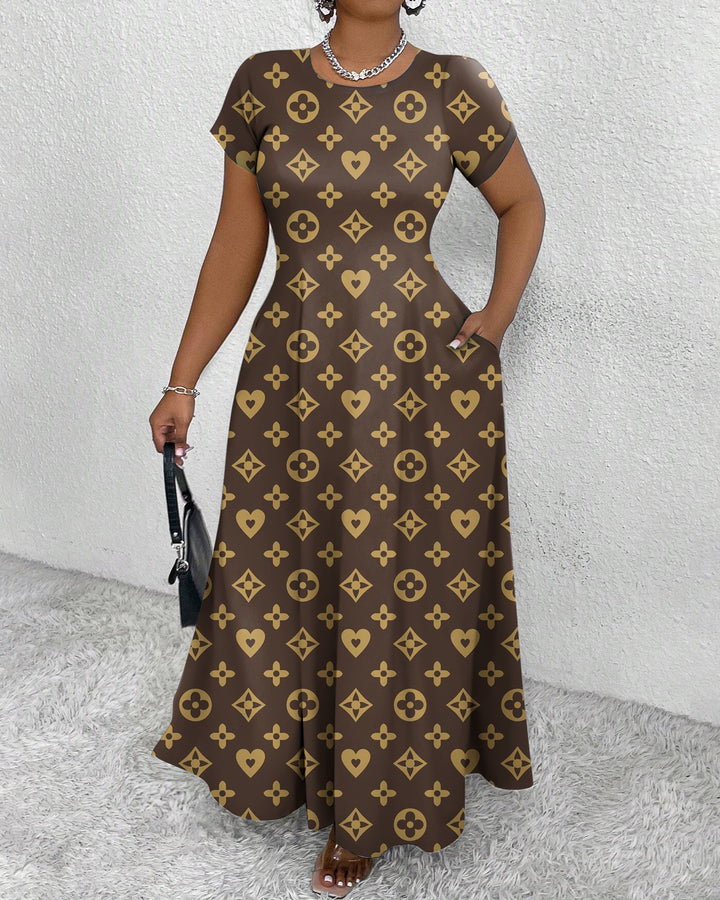 Heart Flower Print Round Neck Short Sleeve Maxi Dress