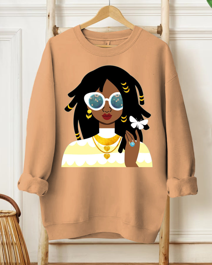 Fashionable long-Sleeved Sweatshirt With Black Girl Illustration Portrait Print
