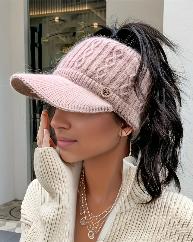 Women's Winter Knitted Hat, Lined, Non-Stretch Acrylic Material, Flat Top, Knitted Structure, Breathable Beret - Foldable Design