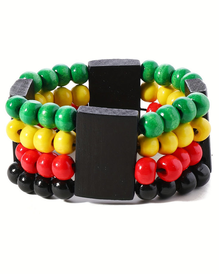 Set of 2 Bohemian Necklaces And Bracelets Featuring Vibrant, Multi-Colored Wooden Beads in Red, Yellow, And Green
