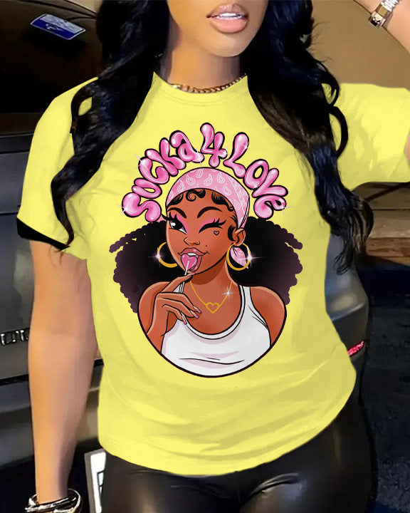 Sweet Balck Girl Cartoon Crew Neck Short Sleeve Cotton T-Shirt