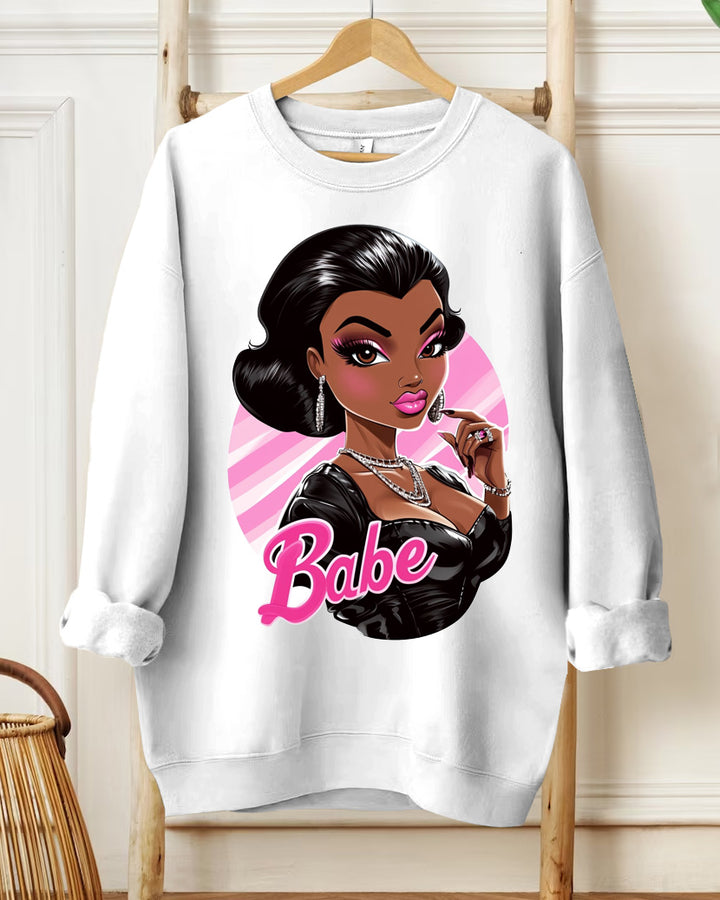 Fashion Doll Print Round Neck Long Sleeve Casual Sweatshirt