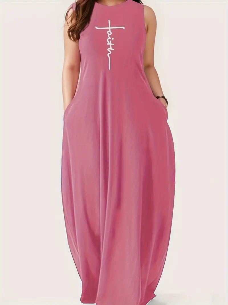 Round Neck Faith Letters Solid Color Maxi Dress