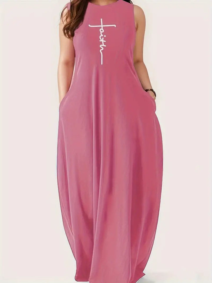 Round Neck Faith Letters Solid Color Maxi Dress