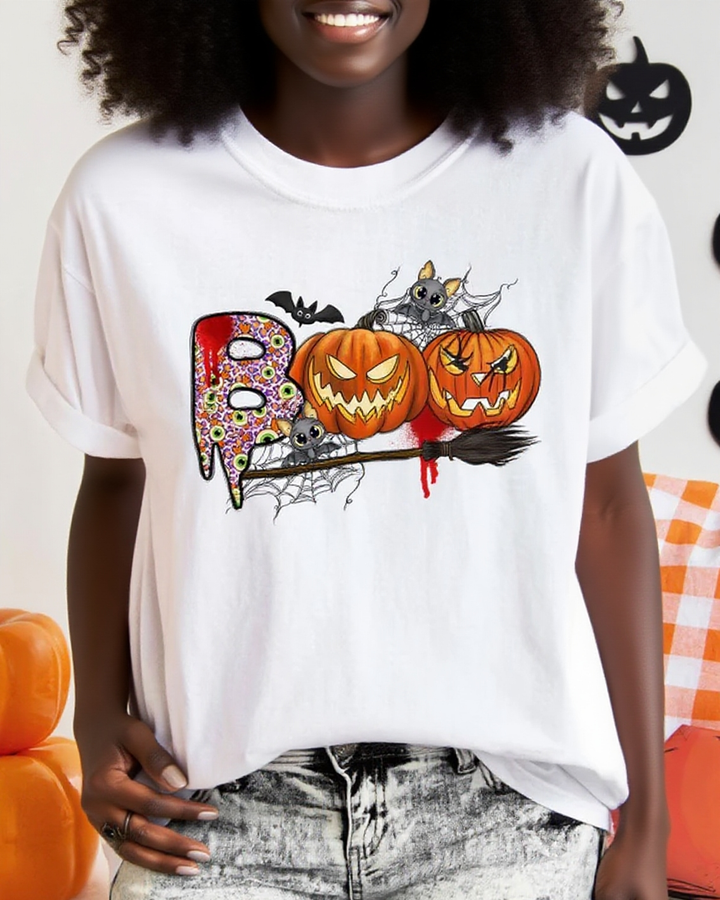 Halloween Pumpkin Boo 100% Cotton Crew Neck Short Sleeve Tshirt