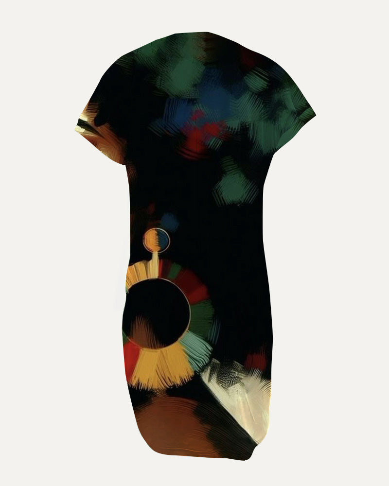 Crewneck Raglan-Sleeve Pocket Dress with Artistic Portrait Prints