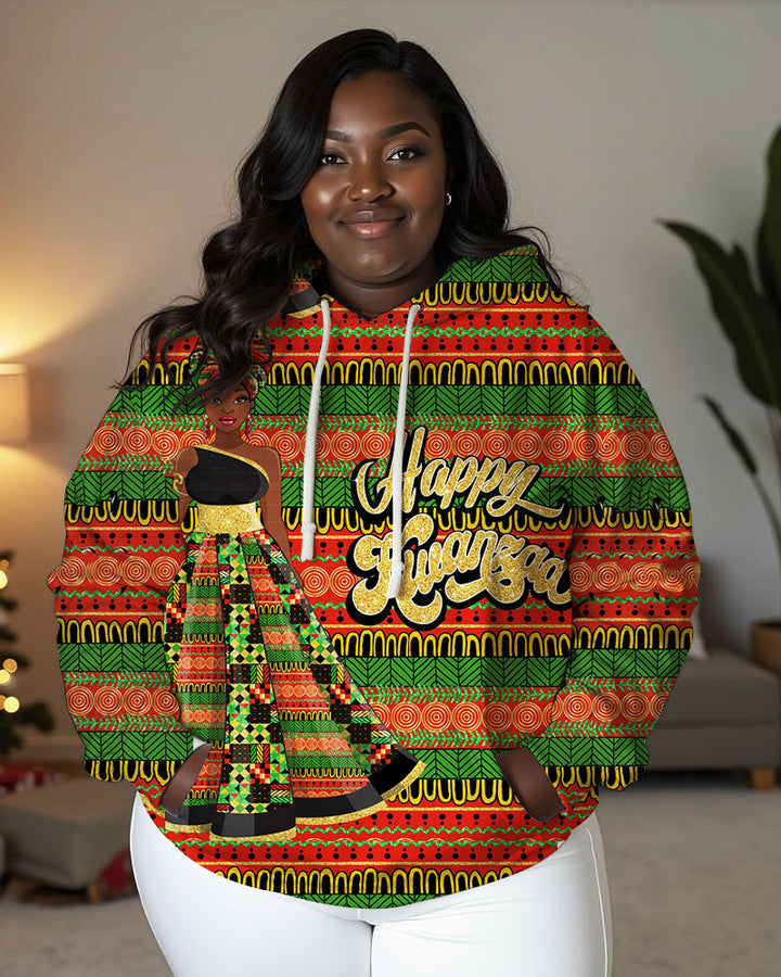 Women's Black Girl Happy Kwanzaa  Printed Long Sleeve Pocket Hoodie