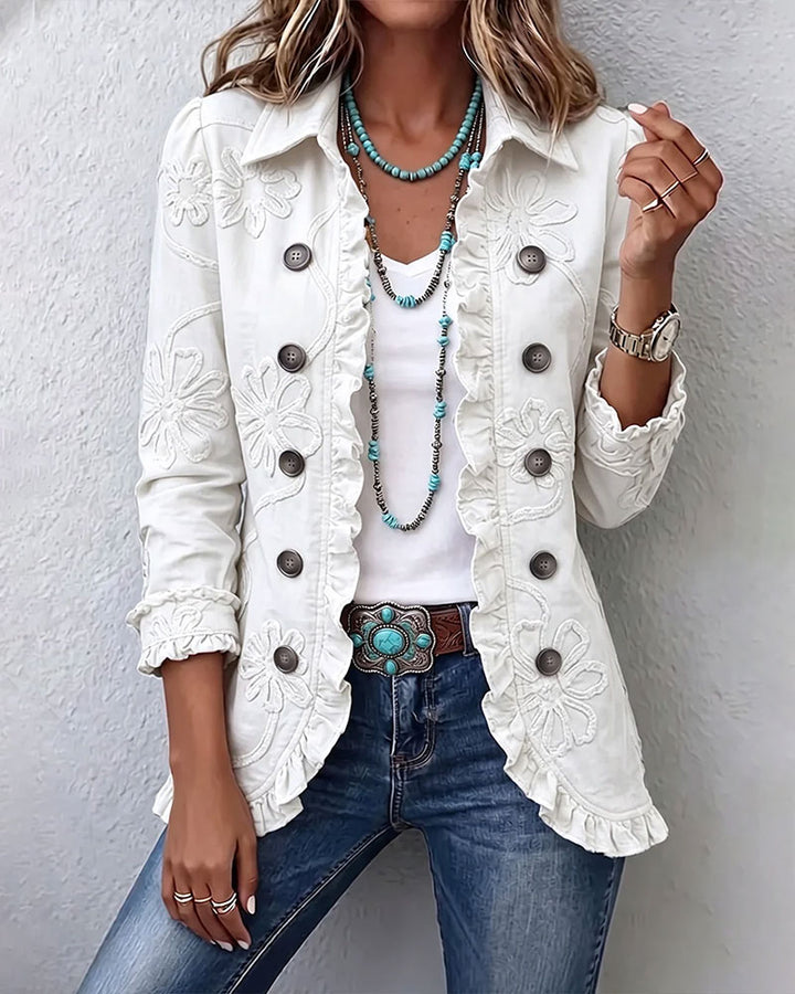 Boho-chic Floral Embroidered Utility Ruffled Trim Jacket