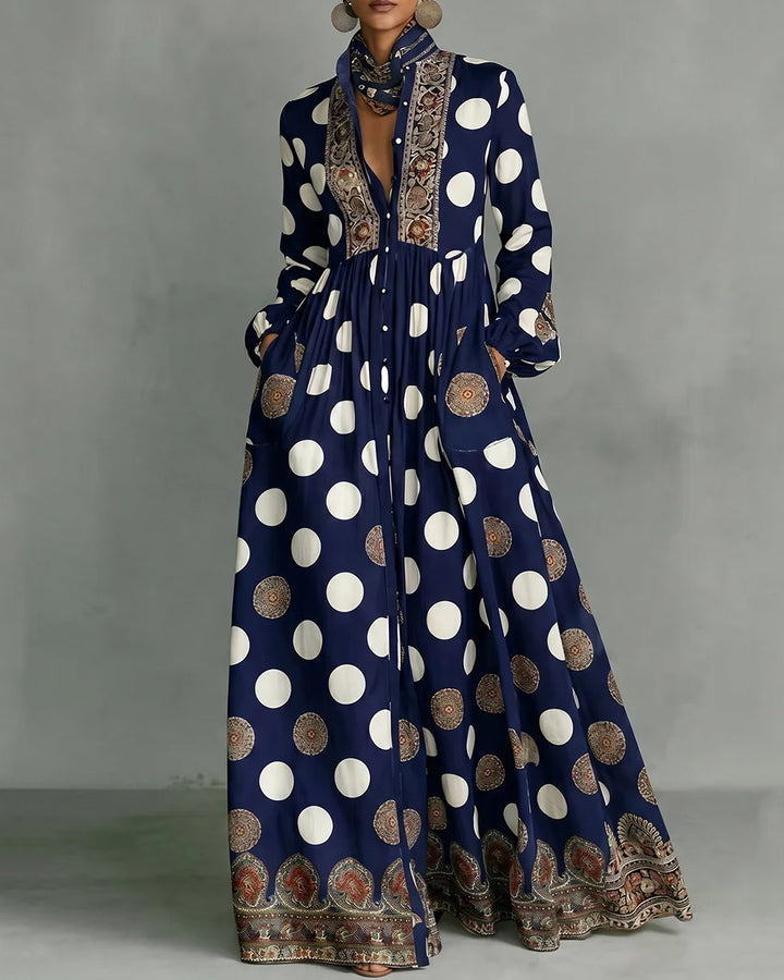 High Waisted Long Sleeves Big Hemline Buttoned Contrast Color Pleated Pockets Polka-Dot Stand Collar Maxi Dresses