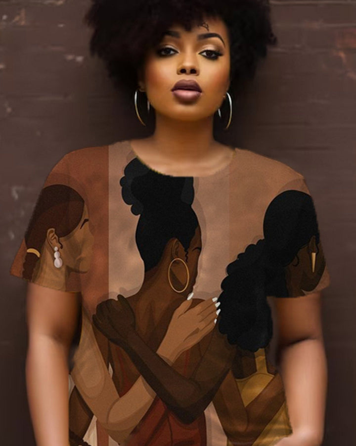 Retro Black Back Oil Painting Printed Short Sleeve T-shirt