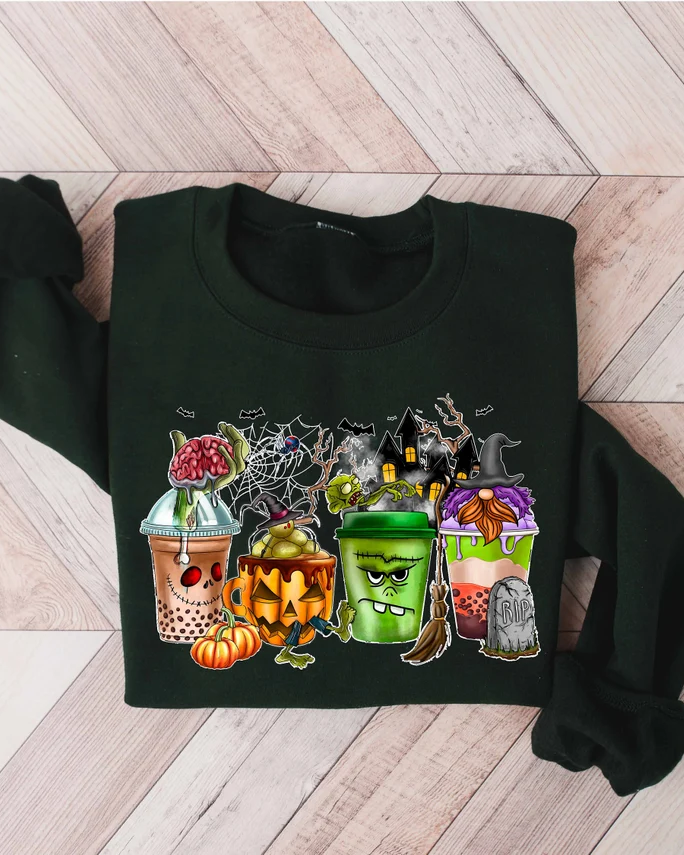 Halloween Gnomes Coffee Cup Cotton Long Sleeve Sweatshirt