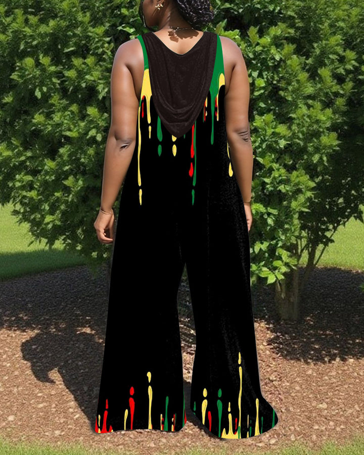Juneteenth Prints V-Neck Hooded Sleeveless Jumpsuit