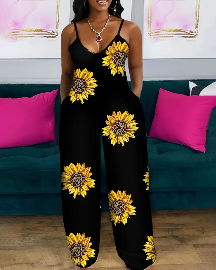 Sunflower Print Sleeveless Straight Jumpsuit