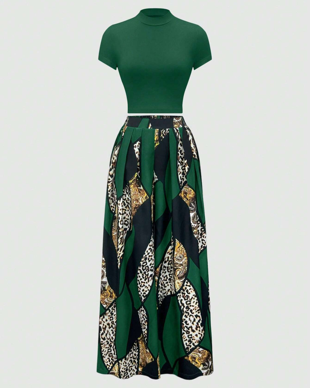Green Leopard Geometric 2pcs Set Wide Leg Jumpsuit