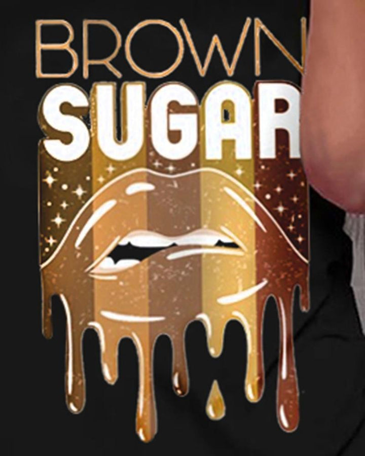 Women's Brown Suger Lip Print Short Sleeve Shorts Set