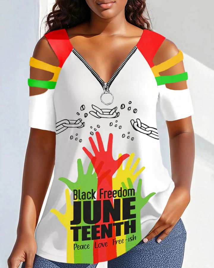 Celebrate Juneteenth Together Zipper V-Neck Short Sleeve Tshirt