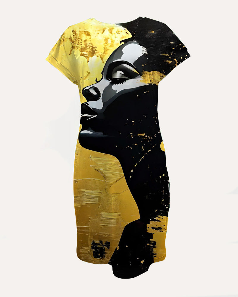 Crewneck Raglan-Sleeve Pocket Dress with Artistic Portrait Prints