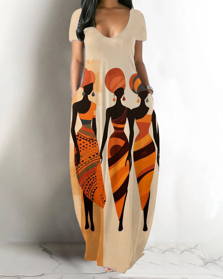 V-neck African Abstract Art Pocket Maxi Dress