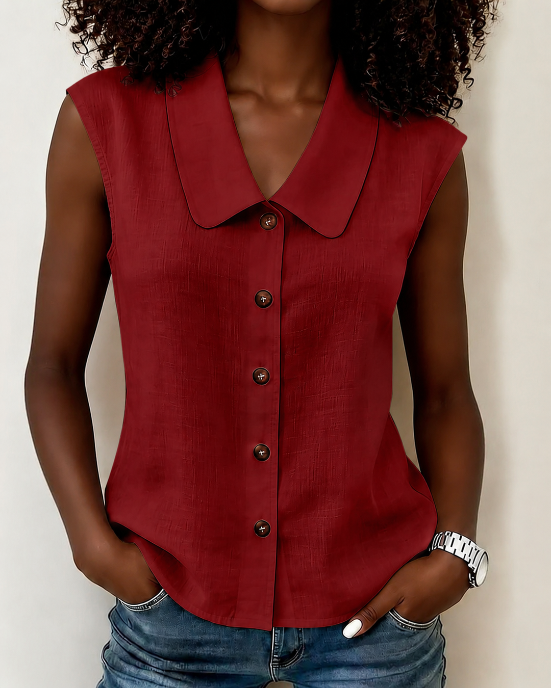 Simple Doll Collar Button Down Sleeveless Cotton Linen Shirt