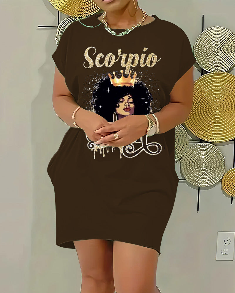 Crewneck Raglan-Sleeve Pocket Dress with Cartoon and Letter Prints