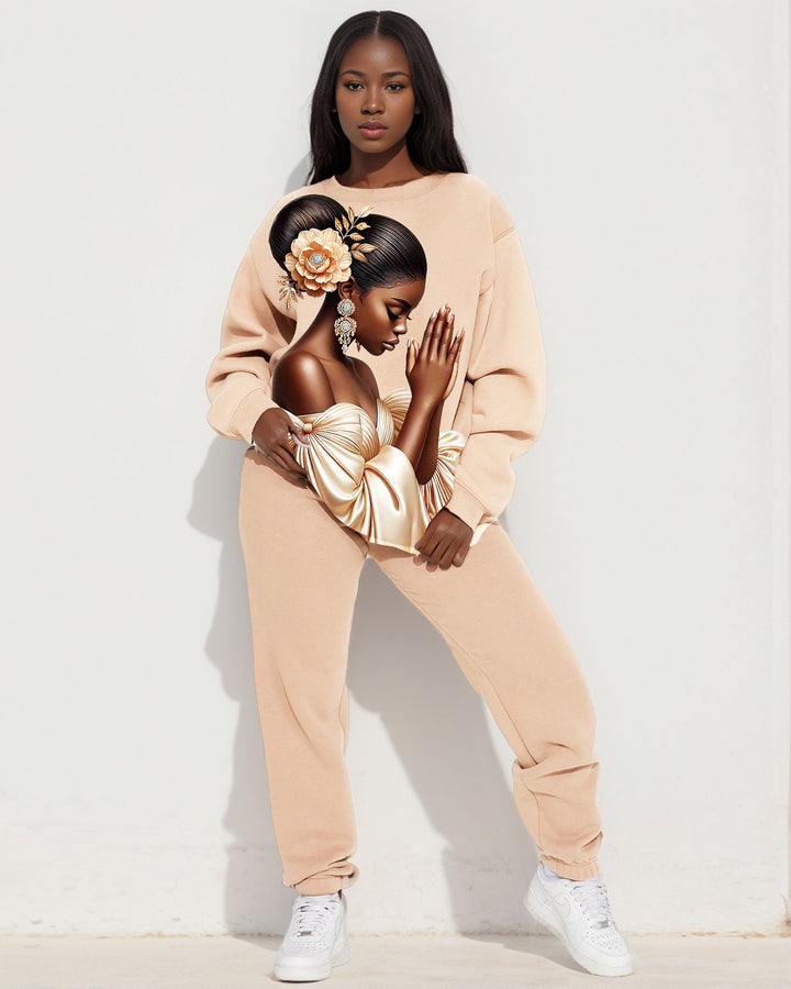 Women's Faith Black Girl Prayer Print Crewneck Long Sleeve Sweatshirts Pants Suit