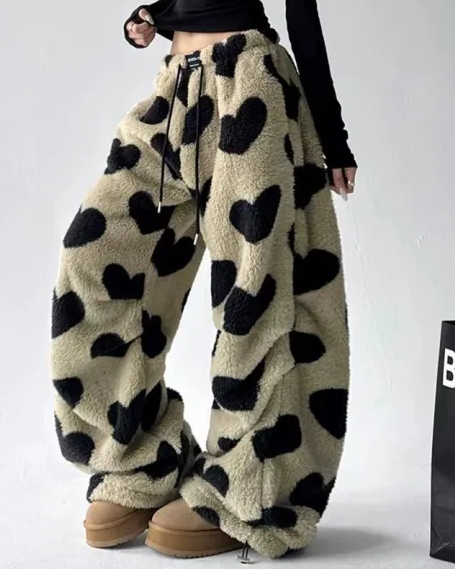 Love Lamb Fleece Casual Sports Straight Leg Pants Retro High Waist Wide Leg Pants