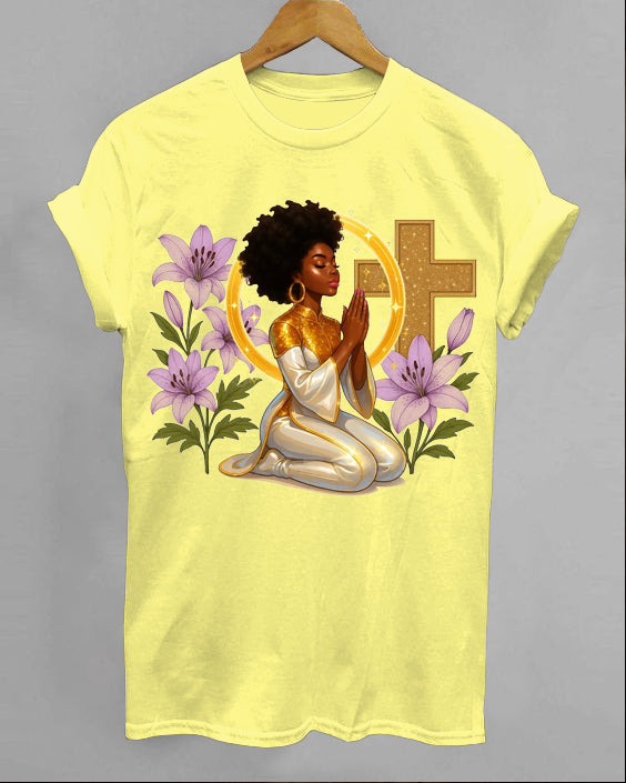 Faith Praying Woman Crew Neck Short Sleeve Cotton T-Shirt