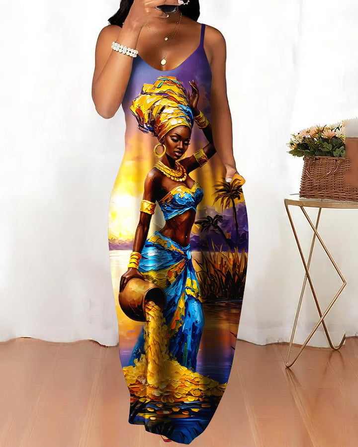 Sling African Golden Women Pocket Maxi Dress