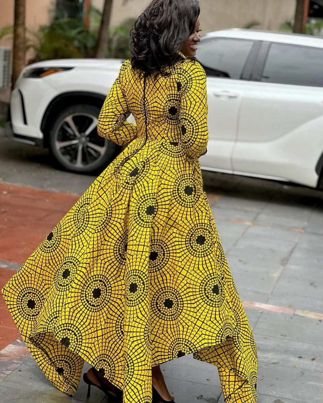 Square Neck Tie-Waist 3/4 Sleeve Ankara Yellow Polka Dots Maxi Dress