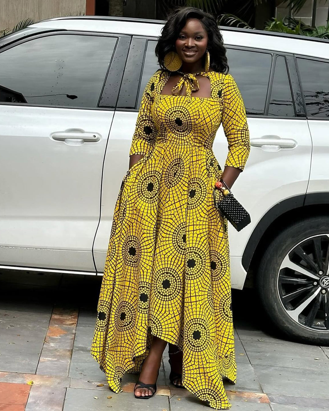 Square Neck Tie-Waist 3/4 Sleeve Ankara Yellow Polka Dots Maxi Dress