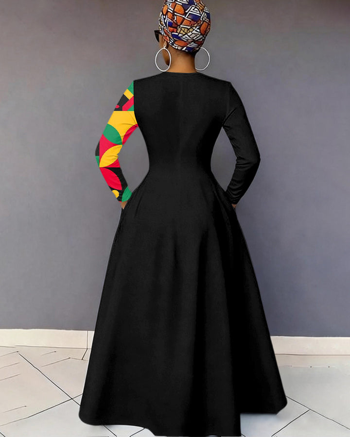 V-Neck Irregular Reggae Geometric Patchwork Long-Sleeved Maxi Dress