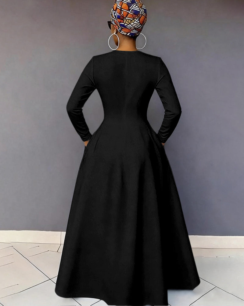 V-Neck Reggae Tribal Totem Pocket Long-Sleeved Maxi Dress